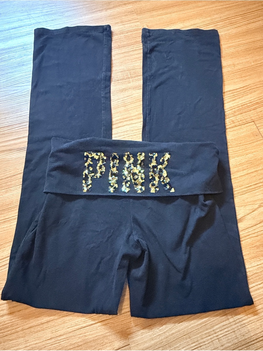 PINK Victoria's Secret roll-down Sequin Logo Fold-Over Waist Black Leggings